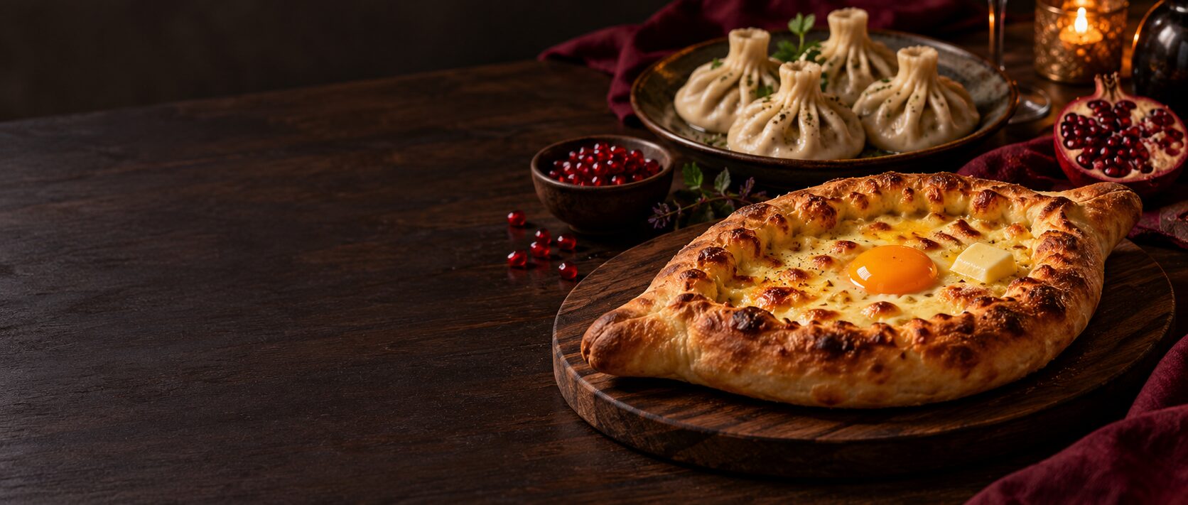 Khachapuri ja khinkalit puupöydällä